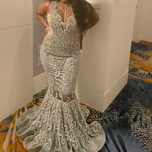 Embellished Silver Mermaid Evening Gown